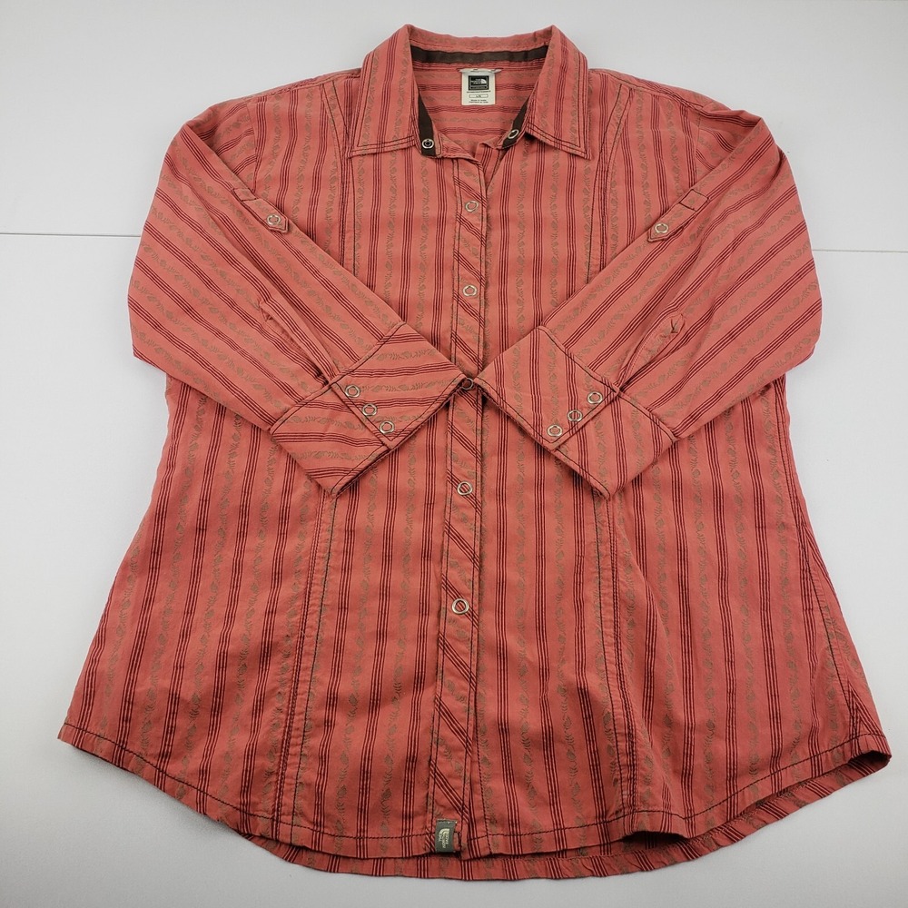 The North Face Blouse Women's Large Salmon Leaves‎ Striped Snap Button Shirt
